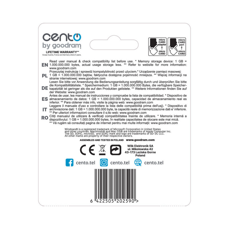 Card CENTO MicroSD C10 016GB
